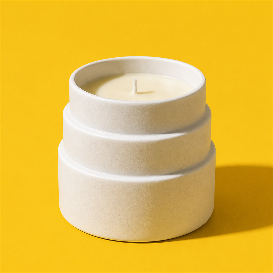 Mineral scented candle in a stacked ivory ceramic vessel with cream wax